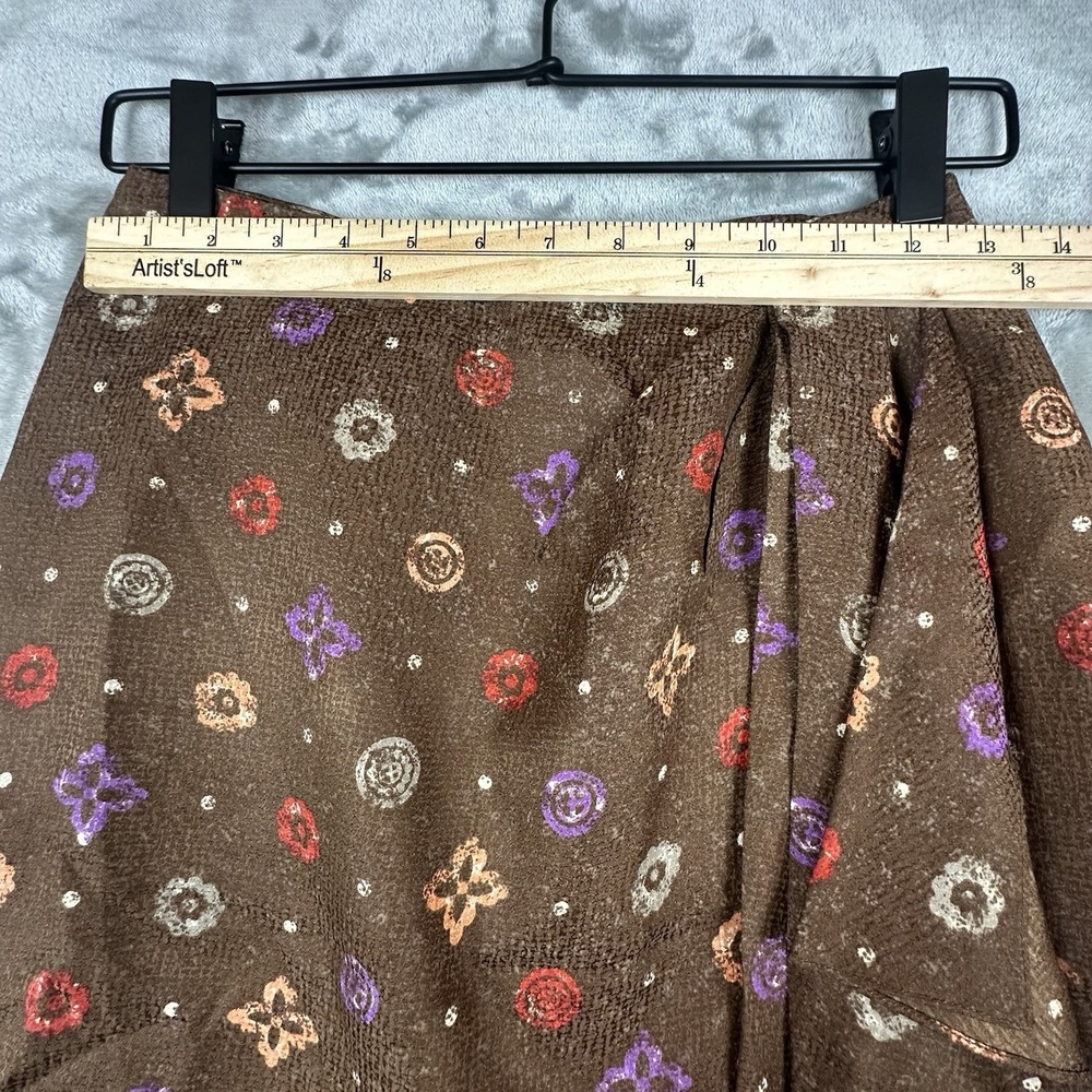 VTG Anne Klein II Silk Wrap Skirt Women's 6 Petite Brown w/ Multicolor Geometric - Picture 4 of 8